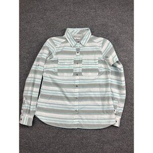Columbia Shirt Womens Medium Gray Aqua White Striped Omni-Shade Sun Protection